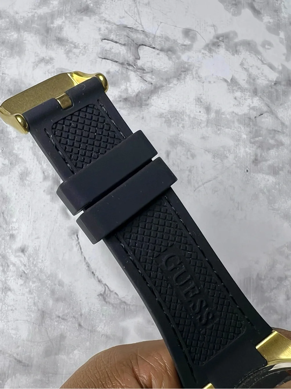 GUESS Gold Tone Case with Green Dial and Black Strap Watch